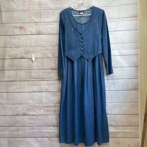 VINTAGE STUART ALAN DENIM EMBELLISHED MAXI DRESS WITH
TURQUOISE BUTTONS